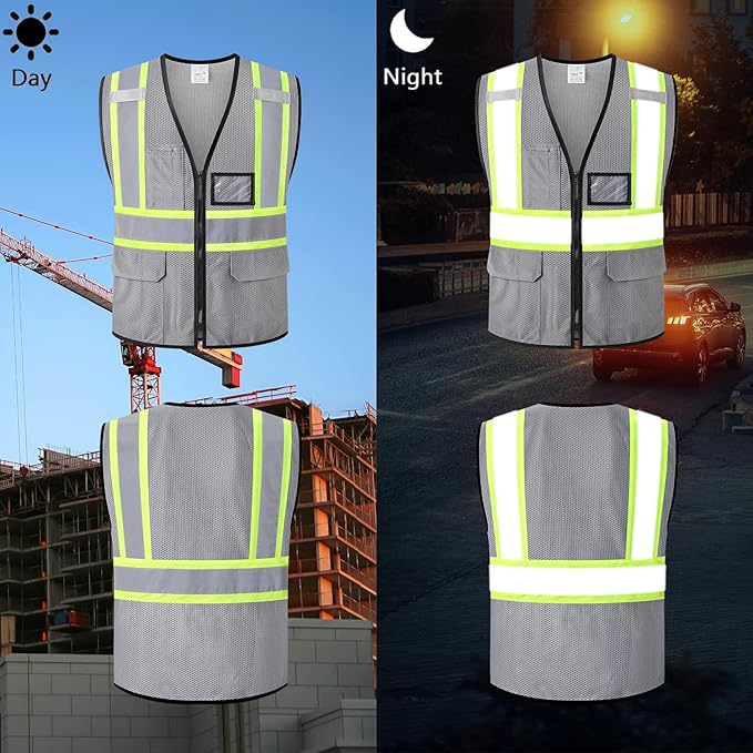 Reflective Safety Vest for Men Women Hi Vis Vest with Pockets High Visibility Vest Mesh Construction Vests Meets ANSI/ISEA Standards (Grey-33, 3X-Large)