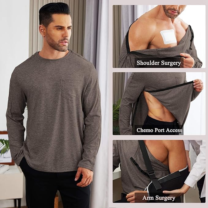 Deyeek Men's Post Shoulder Surgery Recovery Shirts Full Tear Away Long Sleeve Snap Chemo Port Access Shirt