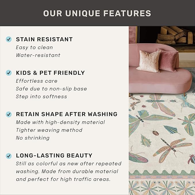Washable Boho Bathroom Rug 2x3, Small Throw Rugs for Kitchen, Powder Room, Front Door Indoor Entrance, Non Slip Low Pile Stain Resistant, Dusty Green Colorful Cool Insect Aethestic