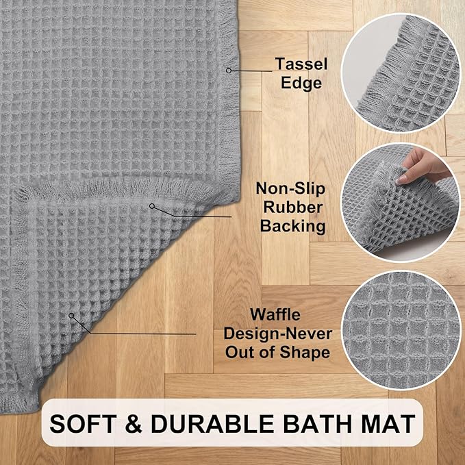 Hiasan Waffle Bath Mat, Super Absorbent Non Slip Bathroom Boho Rug with Tassels, Machine Washable Bath Mats for Bathroom, Ultra Soft Rubber Backed Rug, Grey, 16 x 24 Inches