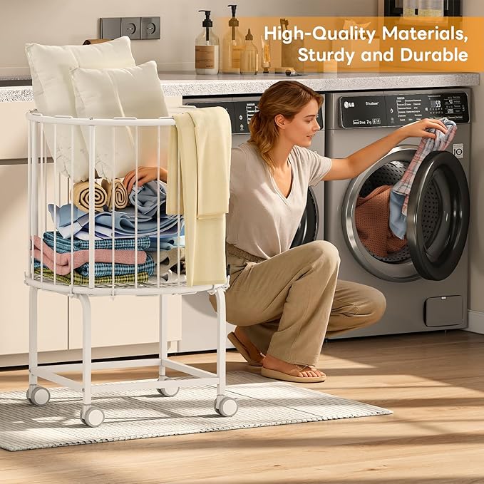 29-Gallon(110 L) Laundry Basket with Wheels,Rolling Round Metal Laundry Basket Cart with Elastic Cord,2 Locking Wheels-White