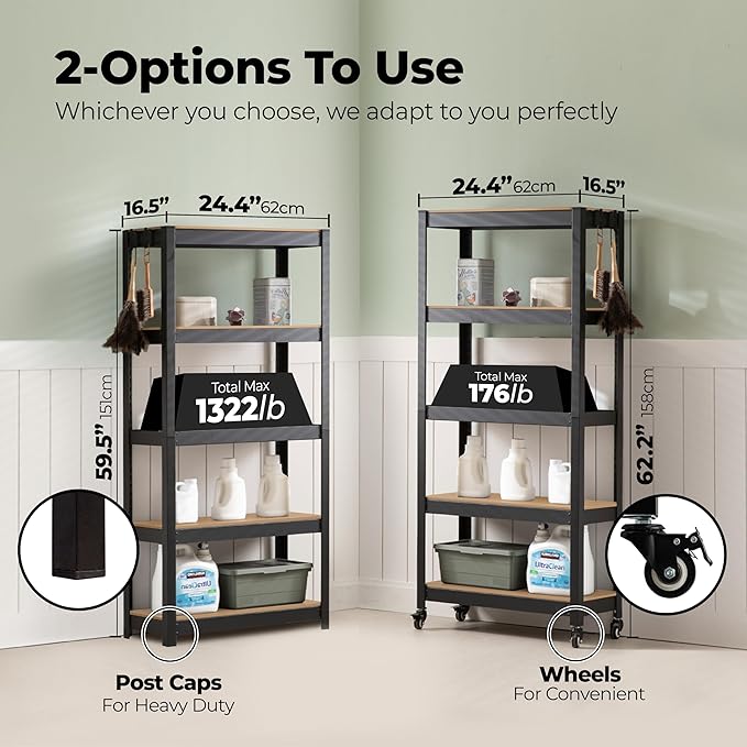 HOMEDANT House 5-Tier Metal Rolling Cart Shelf Rack Casters Heavy Duty Laminated Wheel Shelving Unit Adjustable Utility Storage Shelves Organizer Shelf Kitchen Garage (3, (S) 24.4" W, Black)