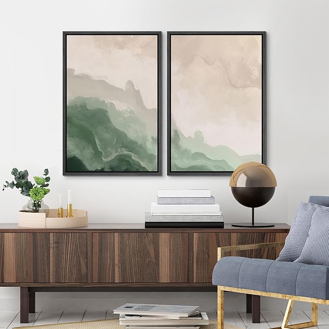 MUDECOR Framed Canvas Print Wall Art Soft Green and Beige Abstract Calming Watercolor Landscape Illustrations Modern Art Decorative Bohemian Chic for Living Room, Bedroom, Office - 24"x36"x2 Black