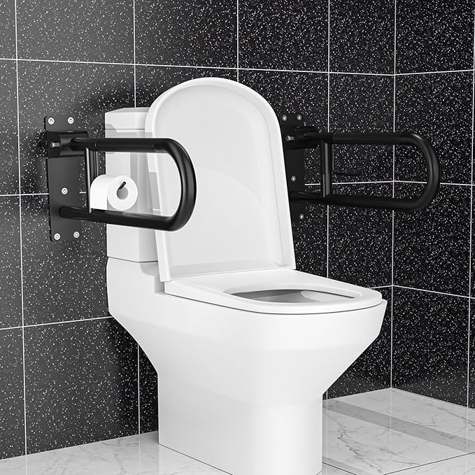 Toilet Grab Bar 22.4 Inch Black, Munzong Anti-Slip Handicap Grab Bars with Paper Holder, Flip-Up Bathroom Safety Rails, Stainless Steel Knurled Support handrails for Seniors Elderly Disabled Pregnant