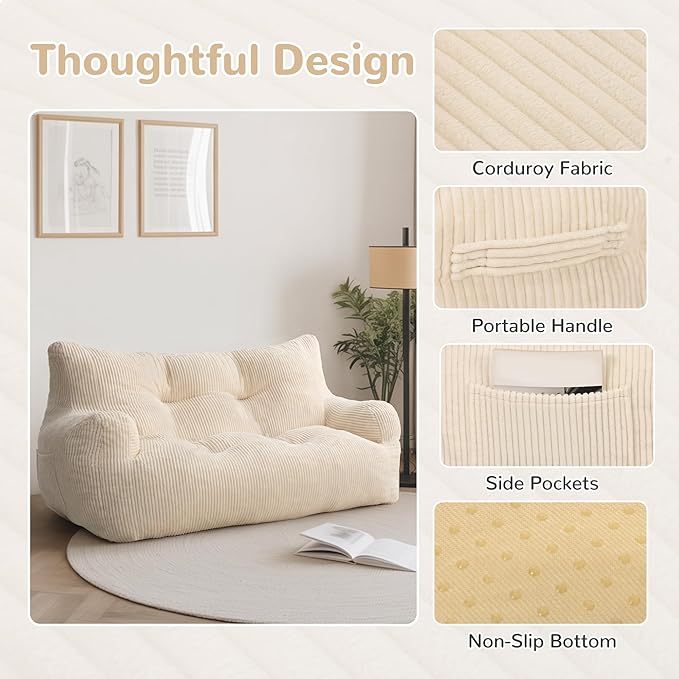 59" Bean Bag Chair,2 Seat Loveseat Sofa,Corduroy Lazy Sofa Bed for Adults,Fit Living Room, Bedroom,Outdoor Spaces,Ultra Soft Dutch Velvet,Fluffy Comfort Washable Cover,72h Rebound,White