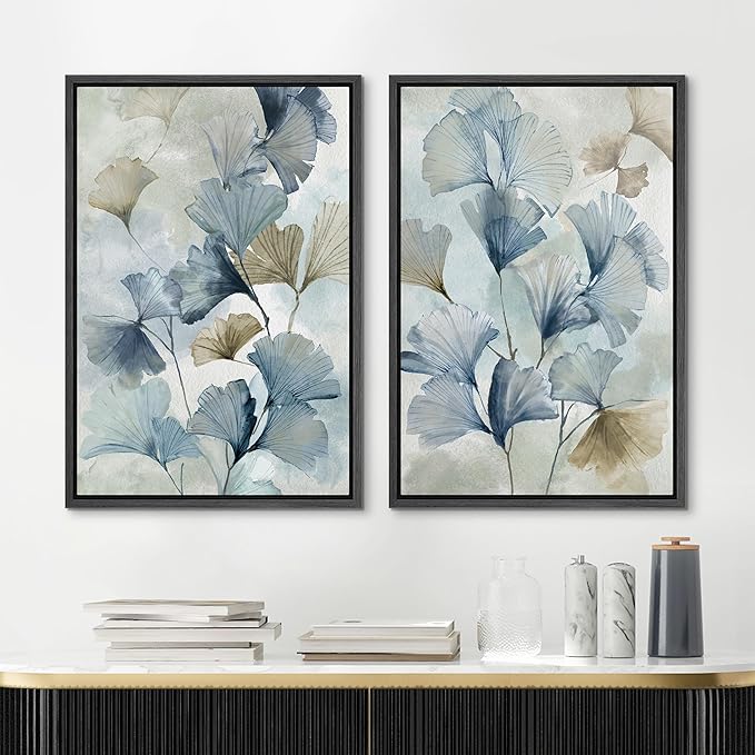 MUDECOR Framed Canvas Print Wall Art Blue Ginkgo Flower Illustrations Modern Art Decorative Bohemian Colorful Chic for Living Room, Bedroom, Office - 24"x36"x2 Black