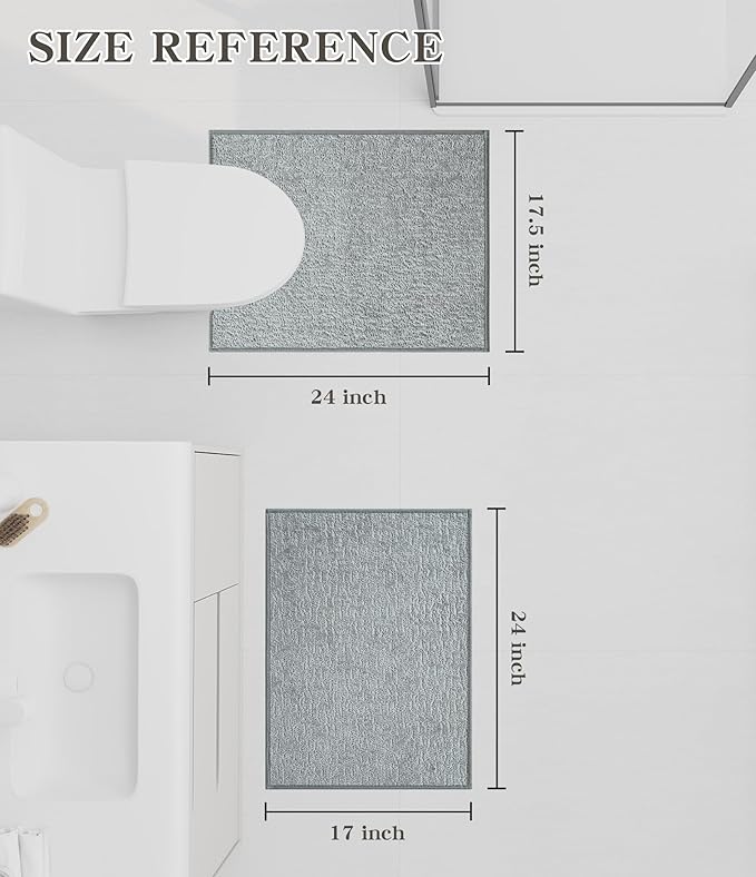 chakme 2 Piece Bathroom Rug Set, Ultra Thin Bath Mat, Quick Dry, Absorbent, Non Slip, Machine Washable, Light Grey, 17" x 24"