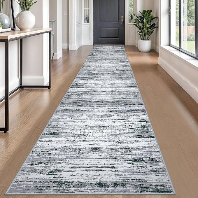 Modern Abstract Runner Rug 2.6x18, Black Grey White Washable Long Kitchen Runner Non-Slip Soft Hallway Rug Runner Thin Print Faux Wool Carpet for Entryway Bedroom Laundry Room Indoor Home Decor