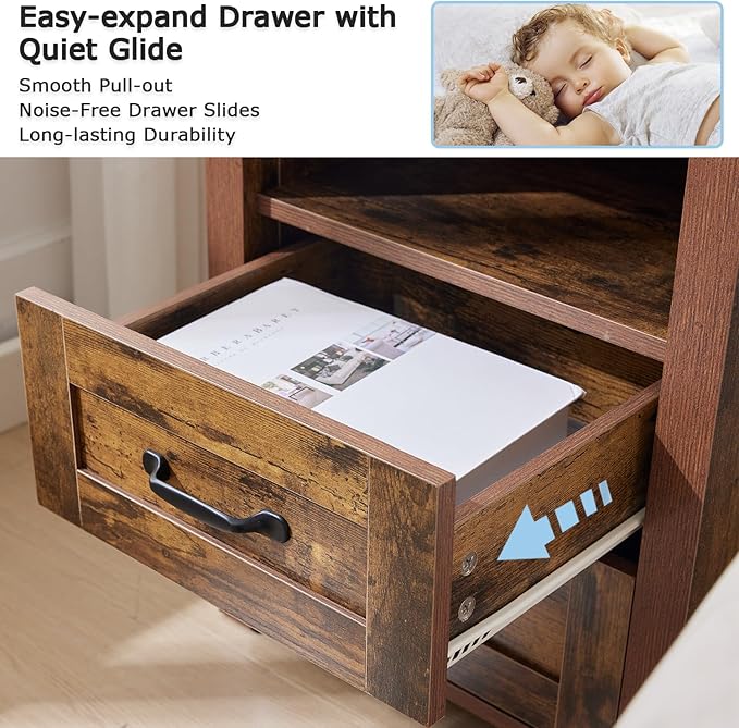Brown Rustic Night Stand Set of 2, Farmhouse End Table, Modern Bedside Table with 2 Storage Drawers and Open Shelf, Tall Nightstand for Bedroom