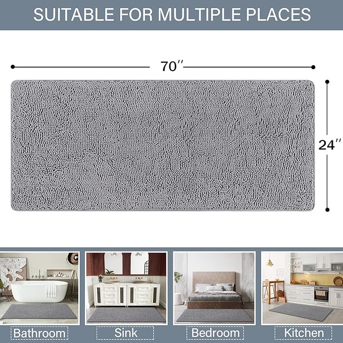 LOCHAS Luxury Bathroom Rug Shaggy Bath Mat 24 x 70 Inch, Washable Non Slip Bath Rugs for Bathroom Shower, Soft Plush Chenille Absorbent Carpets Mats, Gray