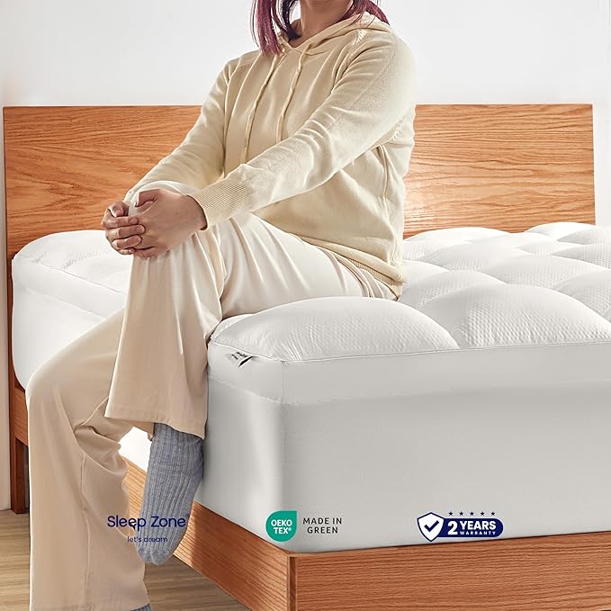 SLEEP ZONE Mattress Topper Twin XL Size, Extra Thick Fitted Mattress Pad for Back Pain, Plush and Support Mattress Cover, Deep Pockets Mattress Protector, Hotel Quality (White, Twin XL)