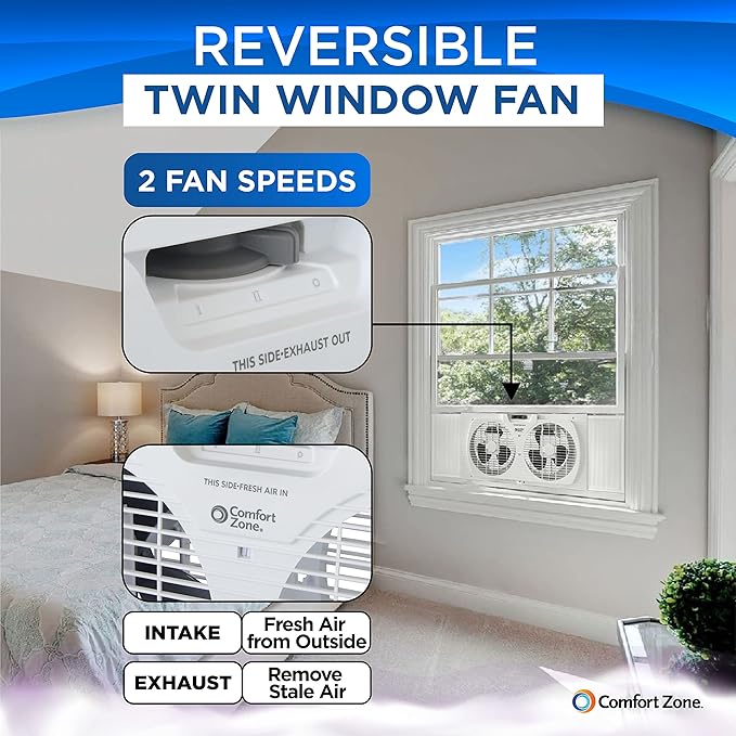 Comfort Zone Twin Window Fan with Reversible Airflow Control, 9 inch, Auto-Locking Expanders, 2 Speed Fan, Dual Fan, Exhaust, Airflow 9.84 ft/sec, Ideal for Home, Kitchen, Bedroom & Office, CZ319WT