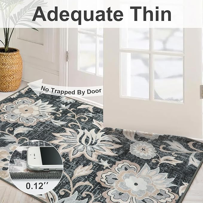 Beeiva Floral Large Carpet for Bedroom, 4x6 Rug Non Slip Vintage Black Rug for Bedroom, Paisley Print Living Room Ultra Thin Washable Rugs for Entryway Bedside Office