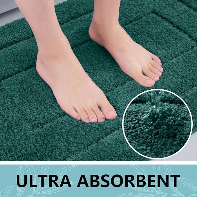 Buganda Bathroom Rugs, 24" x 16", Soft and Absorbent Microfiber Bath Rugs, Non-Slip Shaggy Shower Carpet, Machine Wash Dry Bath Mats for Bathroom Floor, Tub and Shower, Dark Green