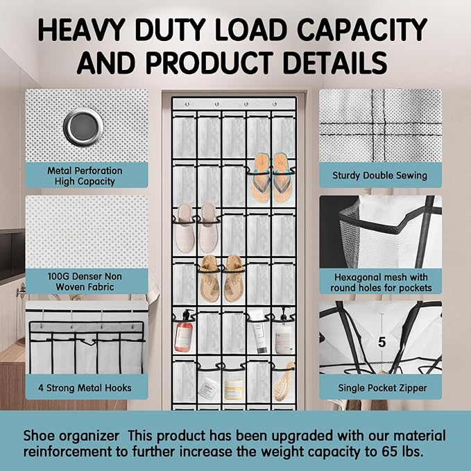 35 Compartment Over The Door Storage - Breathable Mesh Hanging Organizer with Large Pockets, Space Saving Design for Men & Women's Footwear, Closet, Bedroom （White）