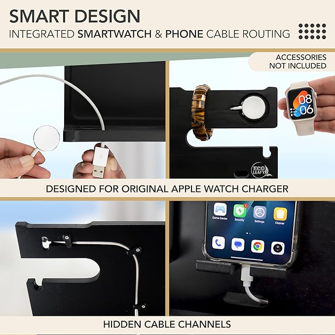 Nightstand Organizer with Drawer- Wood Phone Docking Station- Desk Organizer for Two Phones or Tablet, Watches, Headphone & Accessories- Unique Gifts for Men, Dad or Son (Black)