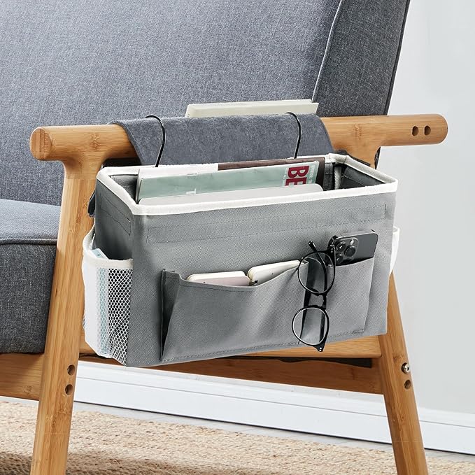 YOUDENOVA Bedside Caddy with 5 Pocket, Bedside Storage Organizer for College, Dorm Bed, Bunk Bed, Grey