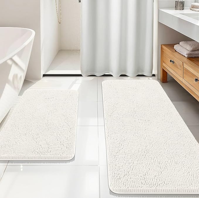 OLANLY Bathroom Rugs Sets 2 Piece, Soft Absorbent Chenille Bath Mats Area Rug Set, Non-Slip, Quick Dry, Machine Washable Bath Mats for Bathroom, Home Decor Accessories (59"x20"+30"x20", Ivory)