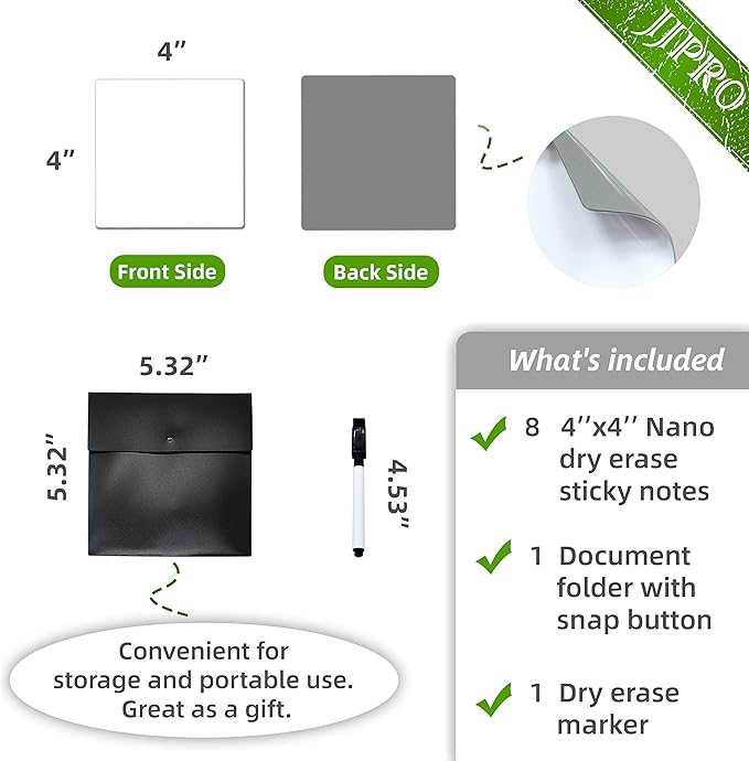 Dry Erase Sticky Notes. Reusable Whiteboard Stickers 4"x4" - 8 Pack. Suitable for All Smooth Surface. Great for Labels, Lists, Reminders and Decals. No Paper Post Notes Again, Its Washable, Removable