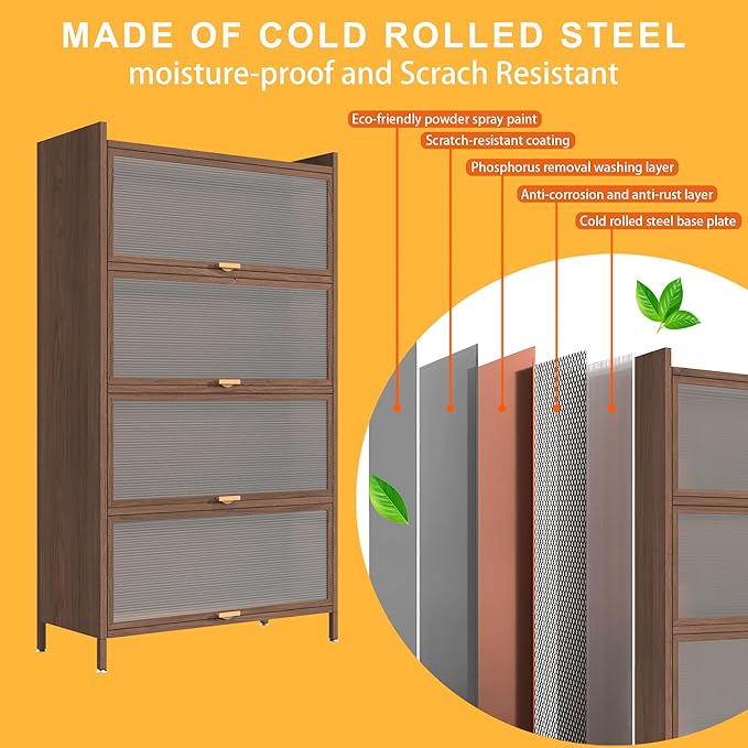 57'' Tall Metal Storage Cabinet with 4 Flip Doors, Freestanding Steel Organizer with Ample Storage Space for Bedroom Living Room Kitchen Office Entryway, Storage Organizer Walnut Finish