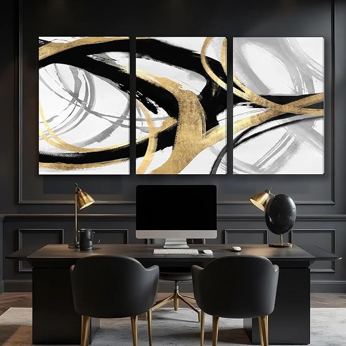DUWQU 3 Piece Large Black and Gold Abstract Canvas Wall Art, Modern Black Gold and White Wall Decor, Spiral Brushstrokes Line Art Prints for Living Room Bedroom Office Home Decorations 24×36x3 In