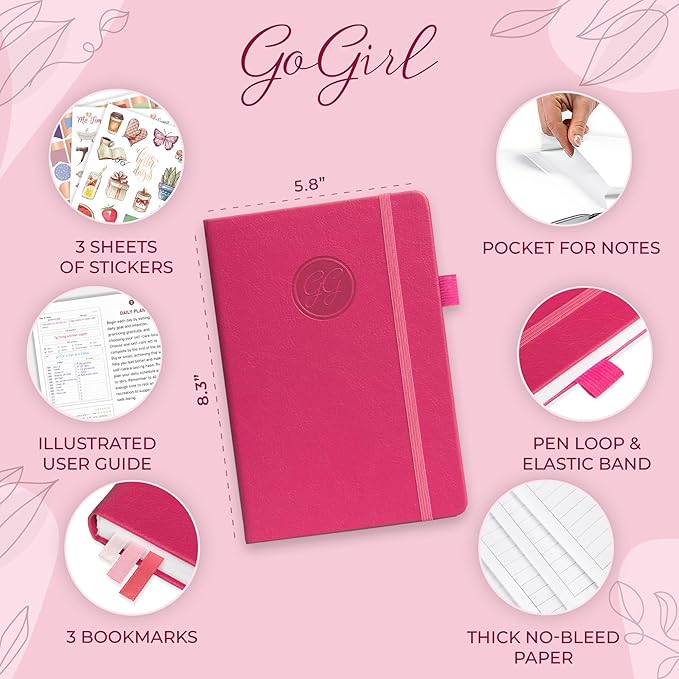 GoGirl Self-care Journal – Daily Mental Health Notebook with Mood & Wellness Trackers – Personal Development, Meditation & Reflection Journal for Women – Hardcover, Lasts 3 Months (Fuchsia)
