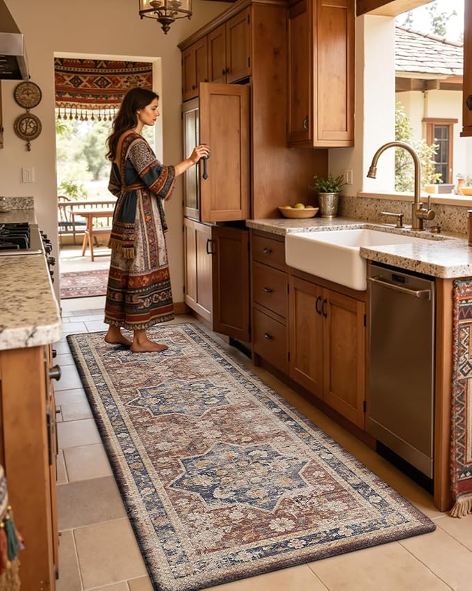 DEXI Kitchen Floor Mats Anti Fatigue, 23x59 Large Cushioned Vintage Runner Rug Waterproof, Standing Comfort Memory Foam Padded for Front Sink Laundry Office, Reddish Brown
