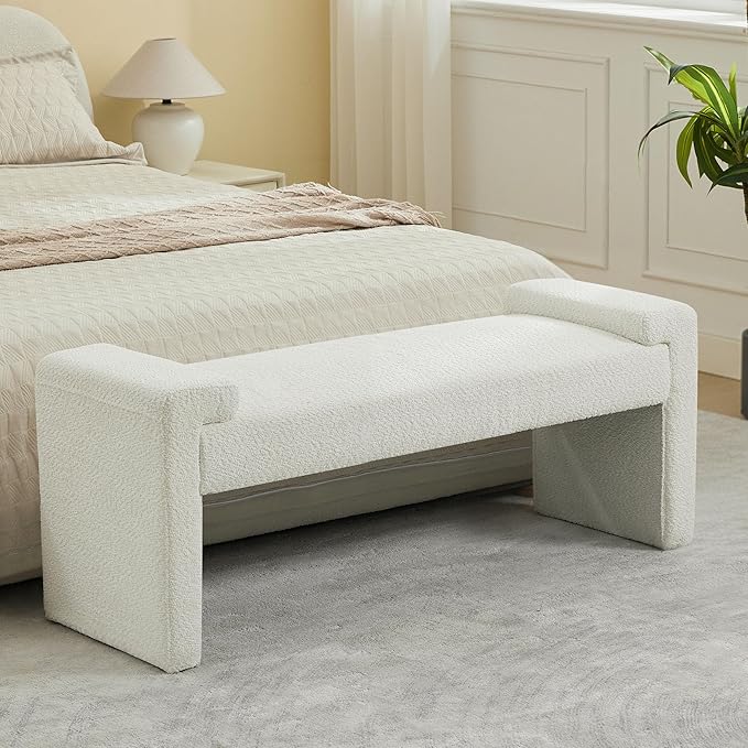 43" End of Bed Bench Upholstered Modern Bedroom Bench for Living Room & Entryway, Easy Assembly, Footrest Ottoman Accent Window Bench with Solid Wood Frame & Curved Arm, White