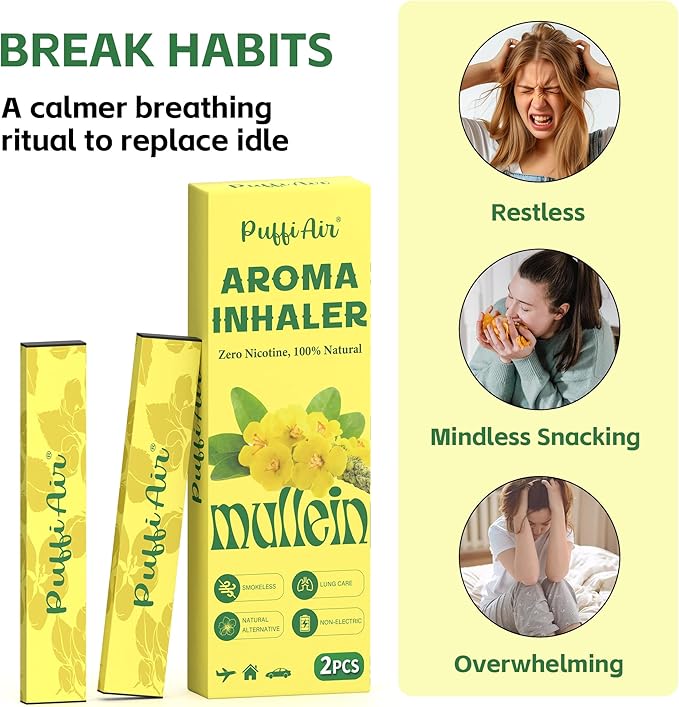 Herbal Diffuser with Extracts of Mullein, Thyme & Mint + Air Inhaler with Mullein Essential Oils, Nicotine-Free Smokeless – 2 Pcs | Reduce Cravings & Fatigue, Lung Comfort & Breathing Support