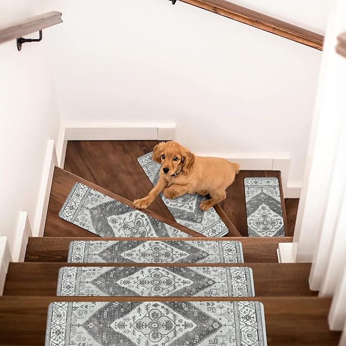 OJIA Extra Non-Slip Stair Treads for Wooden Steps, 30"X8" Indoor Stair Runners Slip Resistant Stair Rugs Safety Mats for Dogs, Kids & Elders, Rubber Backed Stair Treads Stair Covers (15PC, Gray)