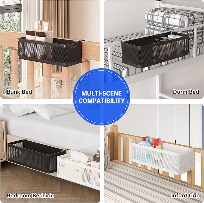 Bedside Caddy Shelf for Bunk Bed, Office Cubicle Walls, Crib Rails, Dorm Bed College Dorm Room Essentials Bed Shelf for Cell Phone Headphone Magazine Snacks (Black, L11in*W4.9in*H3.93in)