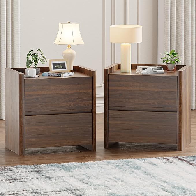 Nightstand with 2 Storage Drawer, Modern End Table for Bedroom with Cut-Out Handle, Large Night Stands for Bedroom, Home Office, Set of 2, Walnut