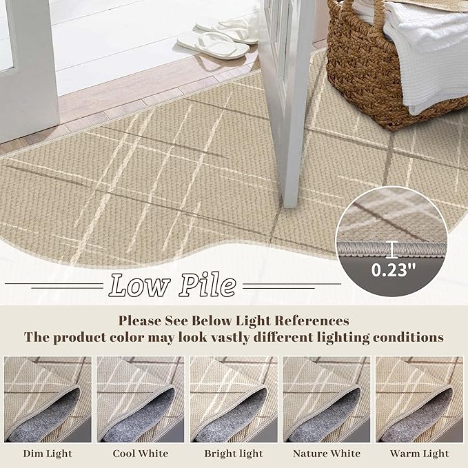 Modern Line Washable Runner Rug 2x6, Beige Non-Slip Hallway Rug, Woven Non-Shedding Thin Runners for Entryway, Kitchen, Laundry Room
