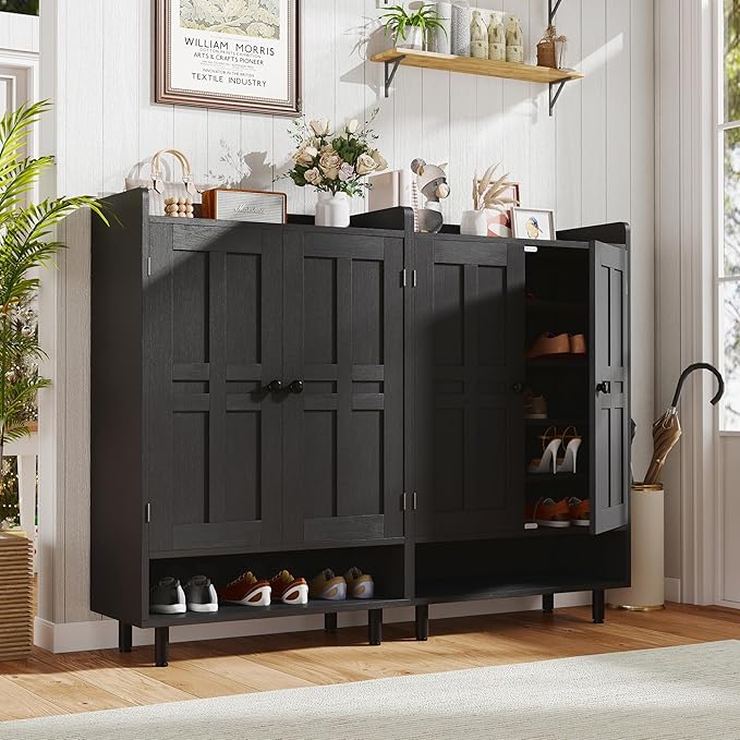 Entryway Shoe Cabinet with Doors, 6-Tier Farmhouse Shoes Storage Organizer with Adjustable Shelves Holds 18-25 Pairs and Metal Legs, Entryway Cabinet Organizer, Living Room (Black)