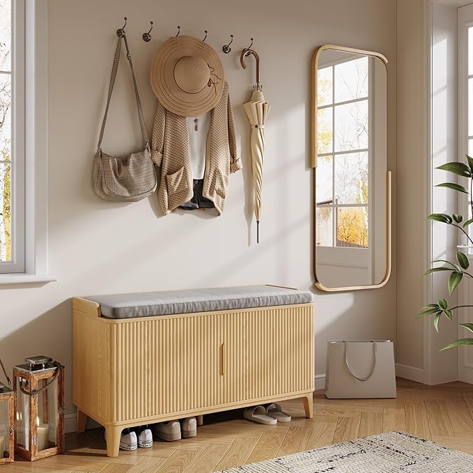 39.4" Fluted Shoe Cabinet Storage with Bench, 2-Tier Entryway Bench with Adjustable Shelves and Detachable Cushioned Seat, Shoe Organizer Bench Cabinet for Entryway, Living Room, Hallway Natural
