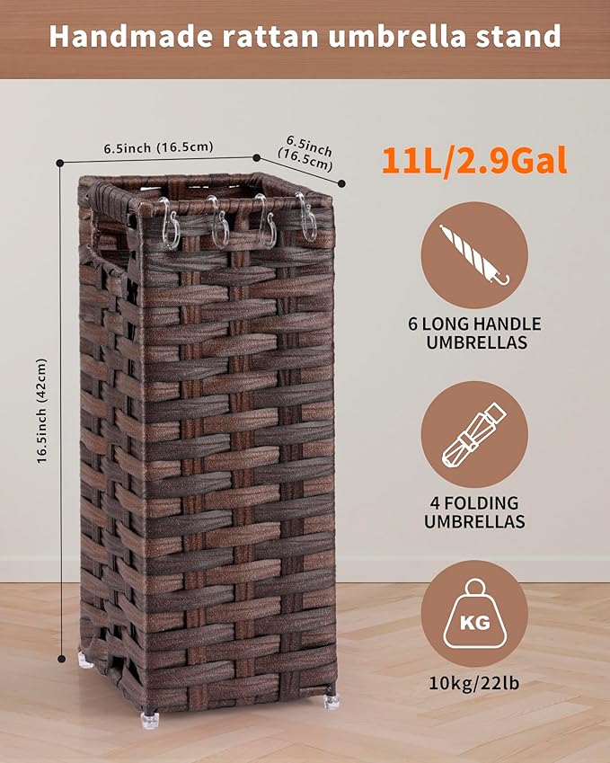 Rattan Umbrella Stand, Umbrella Holder for Entryway, Hand Woven Umbrella Rack Organizer Freestanding, with a Detachable Drip Tray, 4 Hooks, 6.5" L x 6.5" W x 16.5" H, Brown