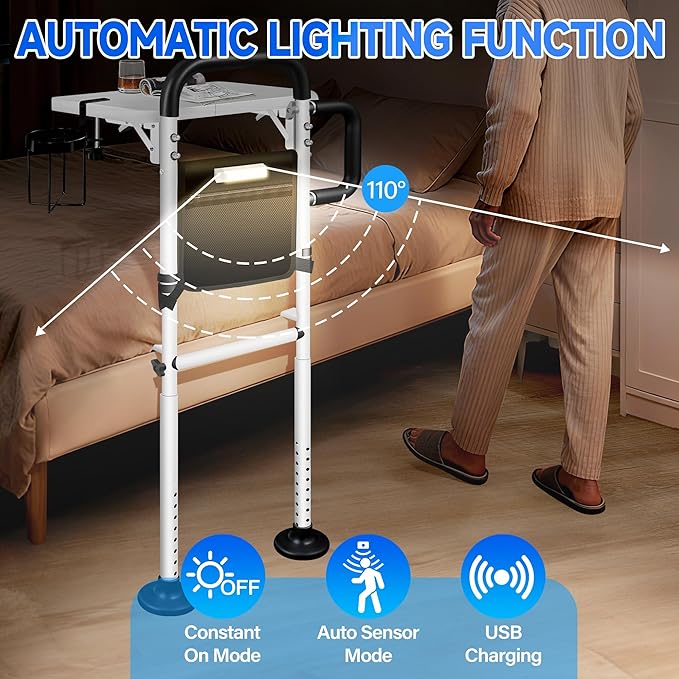 Bed Rails for Elderly Adults Safety with Foldable Tray, Adjustable Bed Assist Rails for Seniors with Motion Sensor Light & Cup Holder, ASTM Approved Bed Cane Bed Rail with 2 Handles & Pocket