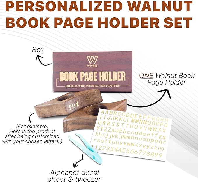 Personalized Walnut Page Holder With 3D Metal Letters, Smooth Finish Wood Thumb Holder for Reading, Customizable Reader Gifts & Accessories, Ideal for Book Lovers (Mini)