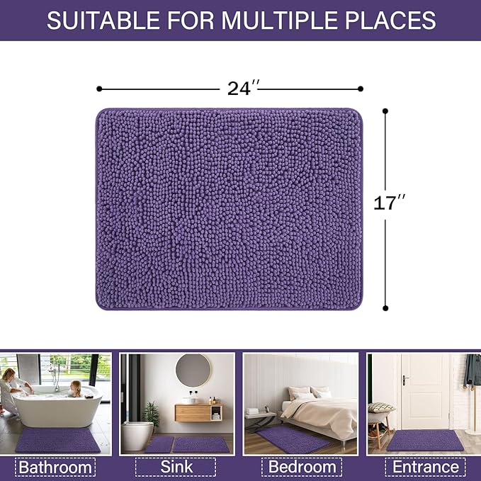LOCHAS Luxury Bathroom Rug Shaggy Bath Mat 24 x 17 Inch, Washable Non Slip Bath Rugs for Bathroom Shower, Soft Plush Chenille Absorbent Carpets Mats, Dark Purple