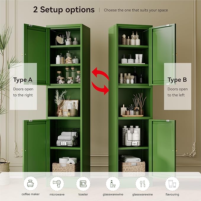 2-Door Metal Storage Cabinet, Tall Slim Pantry Organizer with 3 Adjustable Shelves (120LBS/Shelf), Anti-Tipping Waterproof Cabinet for Bathroom/Kitchen/Home Office/Small Spaces,(1PC,Green)