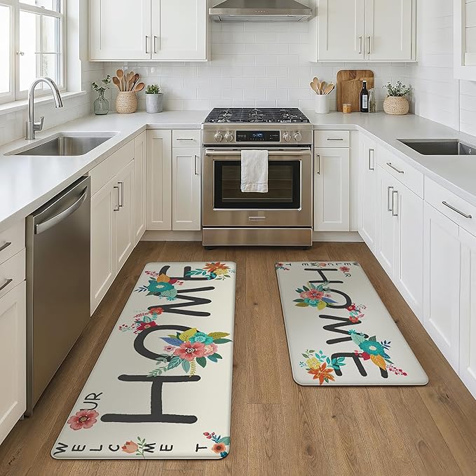 GENIMO Anti Fatigue Kitchen Mats for Floor, Non Slip Washable Home Theme Rugs Sets of 2, Farmhouse Cushioned Waterproof Comfort Runner Rug for Kitchen, Sink, Desk, Laundry, 17"x 47"+17"x 30", Blue