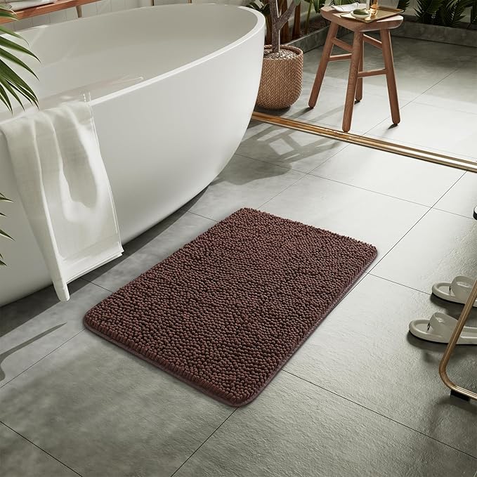 LOCHAS Luxury Bathroom Rug Shaggy Bath Mat 24 x 17 Inch, Washable Non Slip Bath Rugs for Bathroom Shower, Soft Plush Chenille Absorbent Carpets Mats, Brown