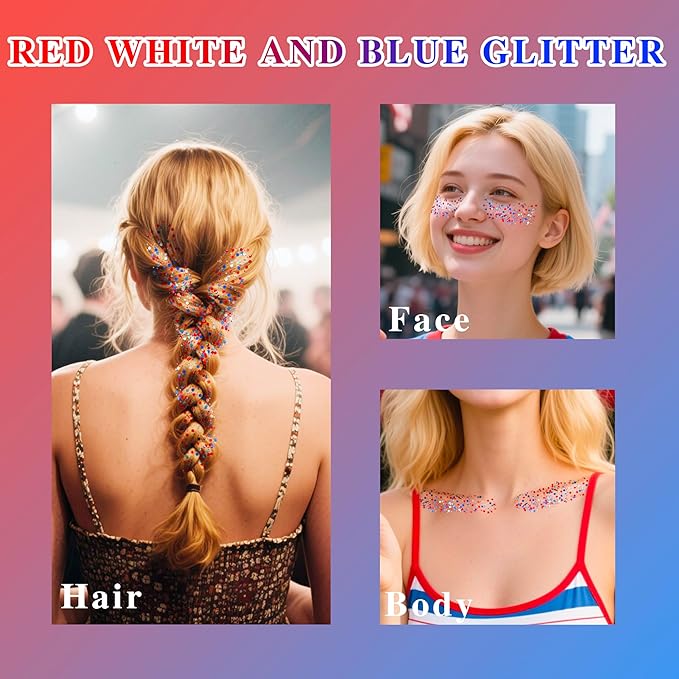 MEICOLY Red White and Blue Face Body Glitter Stick,Hair Glitter Stick for Women,Sparkle Patriotic Pride Chunky Glitter Makeup for Memorial Day,4th of July Accessories Outfits for Women