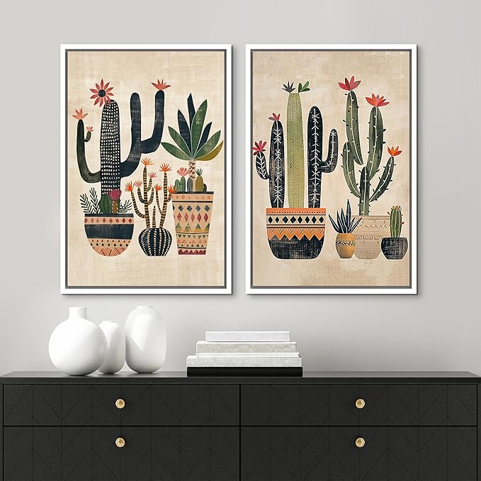 MUDECOR Framed Canvas Print Wall Art Set Mexican Cactus Tropical Botanical llustrations Modern Art Decorative Bohemian Calm/Zen for Living Room, Bedroom, Office - 24"x36"x2 White