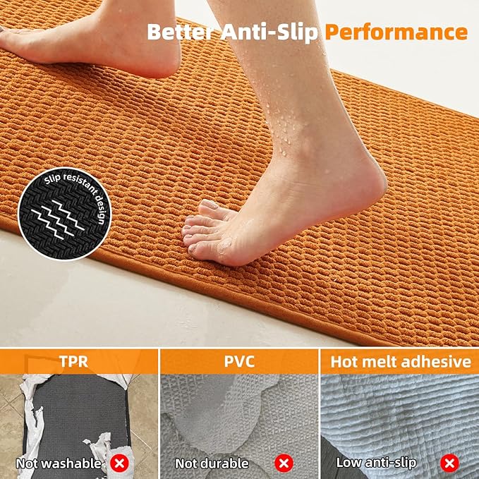 Bathroom Runner Rug, Long Bath Mat Washable Thin Quick Dry Low Pile Bathroom Runner Rugs 24 x 60 Non Slip, Orange 24"x60"