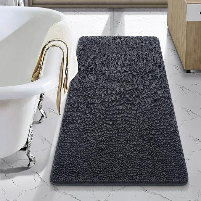 LOCHAS Luxury Bathroom Rug Shaggy Bath Mat 24 x 44 Inch, Washable Non Slip Bath Rugs for Bathroom Shower, Soft Plush Chenille Absorbent Carpets Mats, Dark Grey
