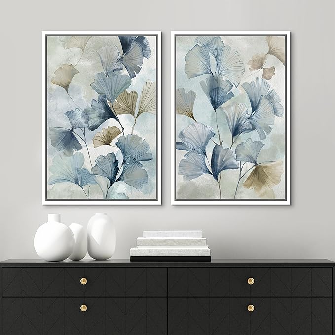 MUDECOR Framed Canvas Print Wall Art Blue Ginkgo Flower Illustrations Modern Art Decorative Bohemian Colorful Chic for Living Room, Bedroom, Office - 24"x36"x2 White