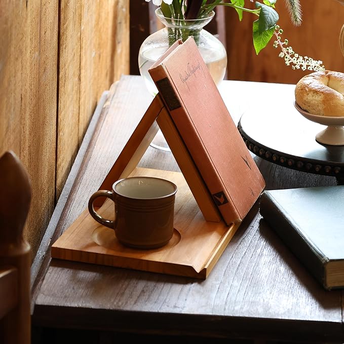 Wooden Triangle Bookmark, Small Bookshelf with Drink Holder, Wood Book Reading Rest with Slotted, Book Corner Display Triangle Book Holder (Brown)