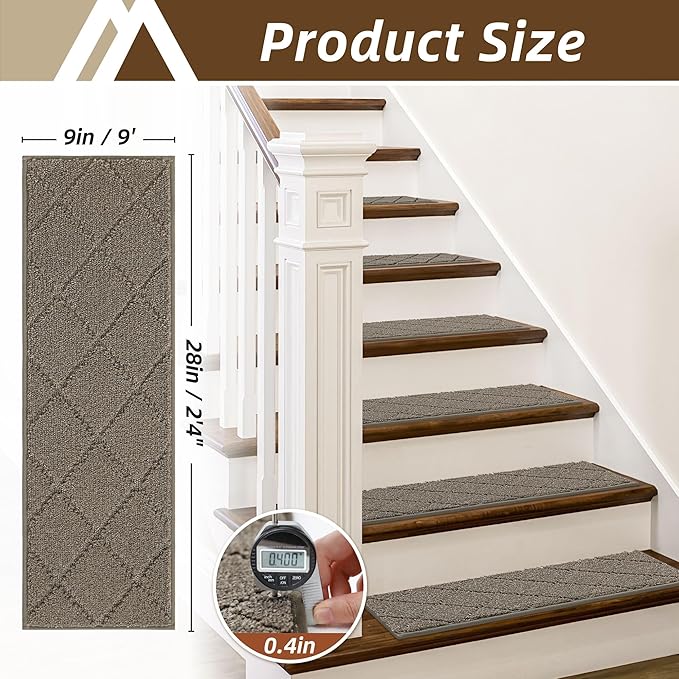 COSY HOMEER Stair Treads for Wooden Steps 9"x28" Washable Indoor Carpet Stair Treads Non Slip Soft Polyester Stair Carpet Tread Reusable Stair Runner Rugs for Kids, Elders,Pets,Light Brown,7pcs