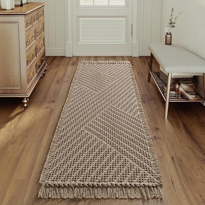 H.VERSAILTEX Waffle Bath Runner Rug Long Bath Mat Super Absorbent Boho Bath Rugs Non Slip Bath Runner for Bathroom Floor Machine Washable Dry Fast Bathroom Rugs with Tassels, 24" x 72", Irish Cream